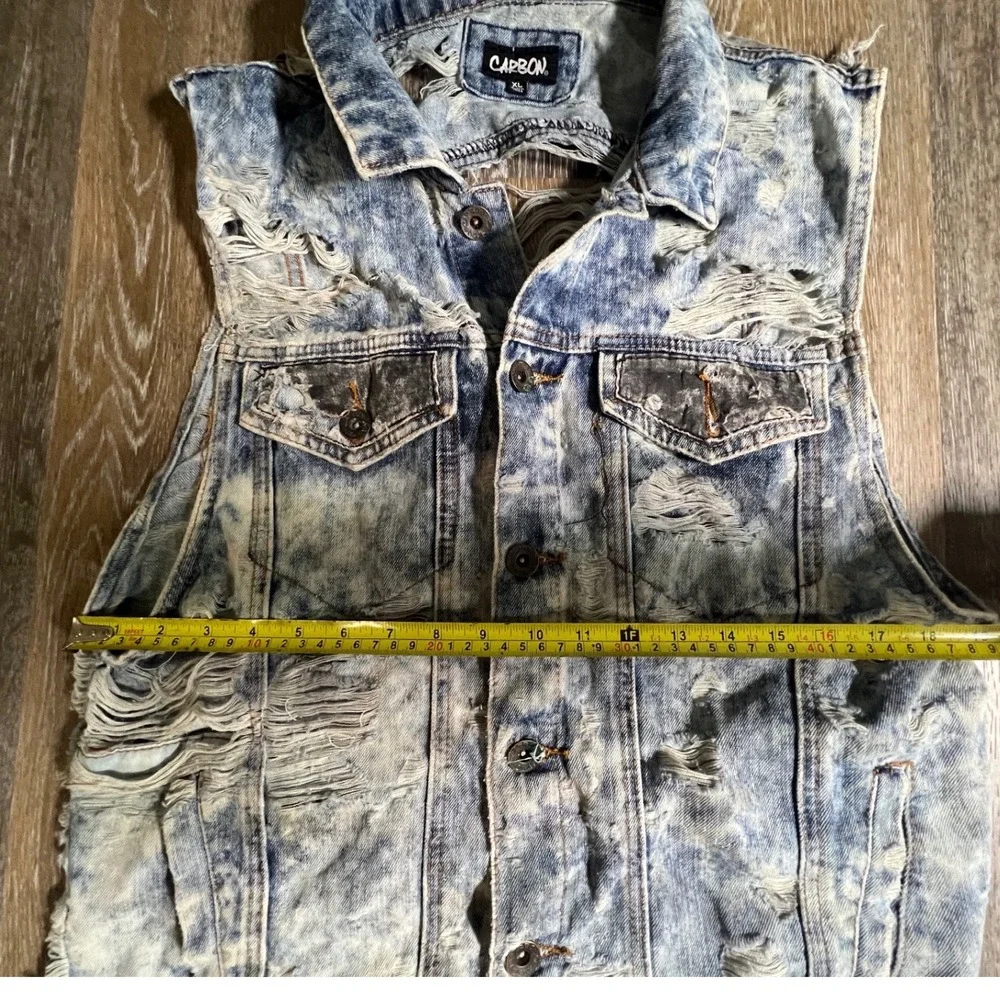 Carbon Denim Vest Mens XL Blue Acid Wash Distressed Shredded Trucker Jacket